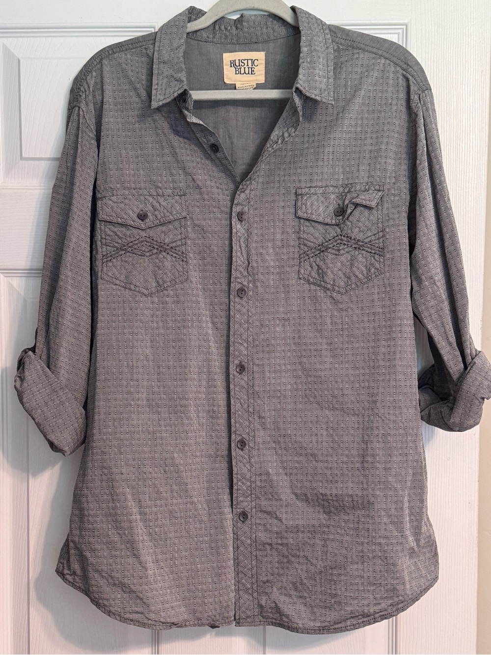 Men’s Rustic Blue Roll Tab Long Sleeve Textured Blue Gray Button Down Shirt XL
